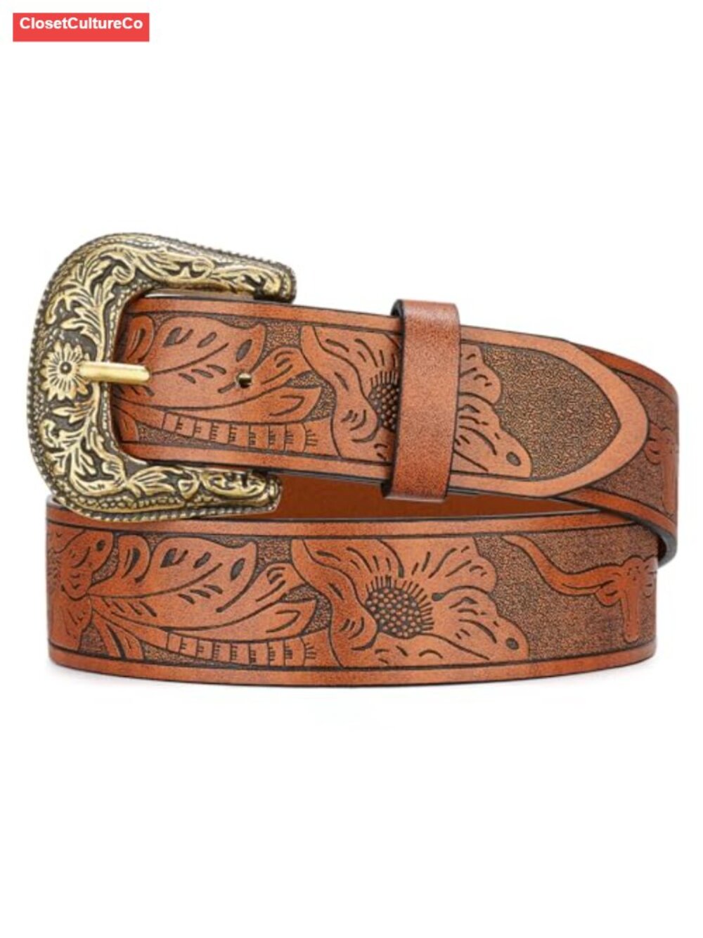 Western Cowgirl Belt PU Leather Engraved Buckle for Jeans Dresses